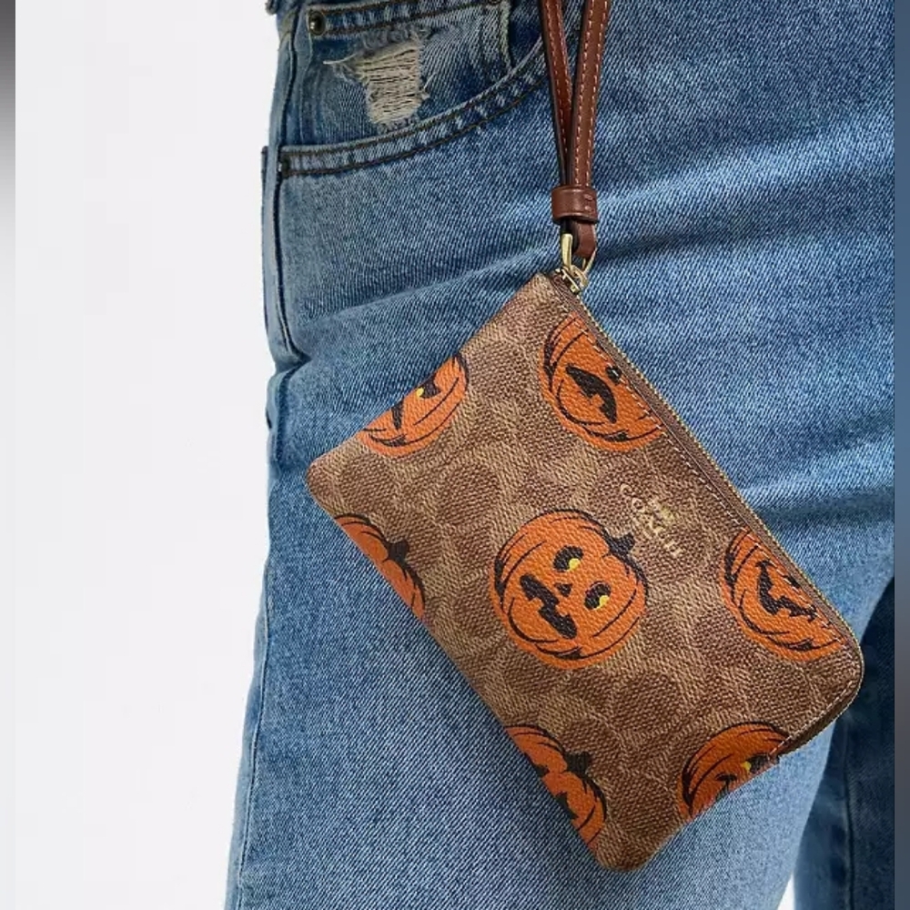 Coach Corner Zip Wristlet In Signature Canvas With Halloween Print (Gold/Tan Mul - Picture 6 of 6